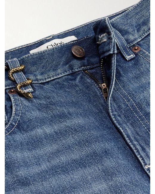Chloé Blue Snake Frayed Embellished Straight-Leg Jeans