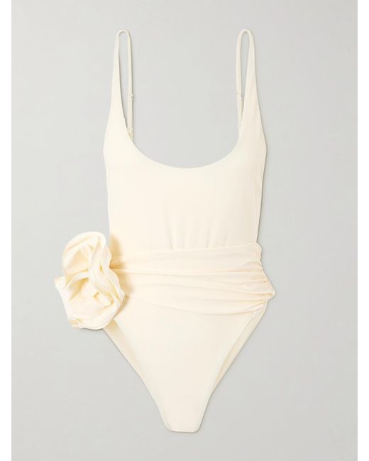Magda Butrym White Appliquéd Ruched Swimsuit