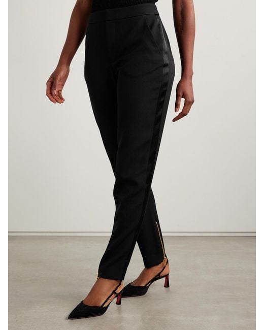 Balmain Black Satin-Trimmed Wool Straight-Leg Pants