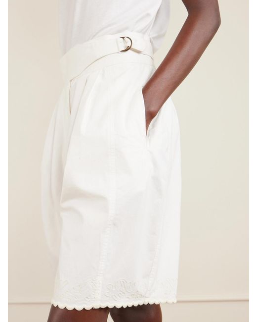 Bode White Closerie Belted Scalloped Embroidered Cotton-Poplin Shorts