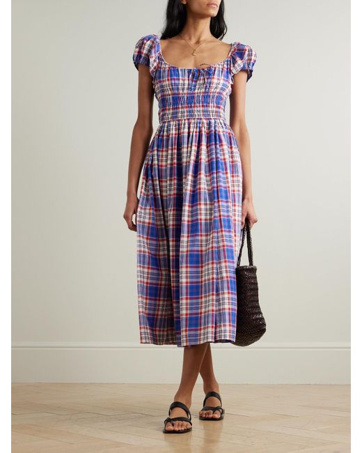 doen purple dress Doen Quinn Checked Tie-Detailed Shirred Cotton-Poplin Midi Dress in Purple