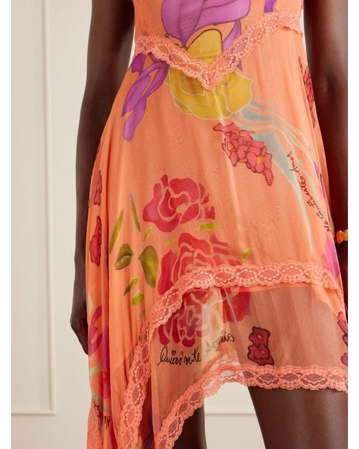 Donde Esteban Orange Guava Flores Ruffled Asymmetric Lace-Trimmed Silk-Chiffon Midi Dress