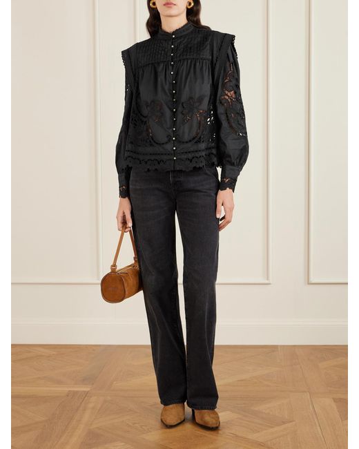 Farm Rio Black Richilieu Pleated Broderie Anglaise Cotton Blouse