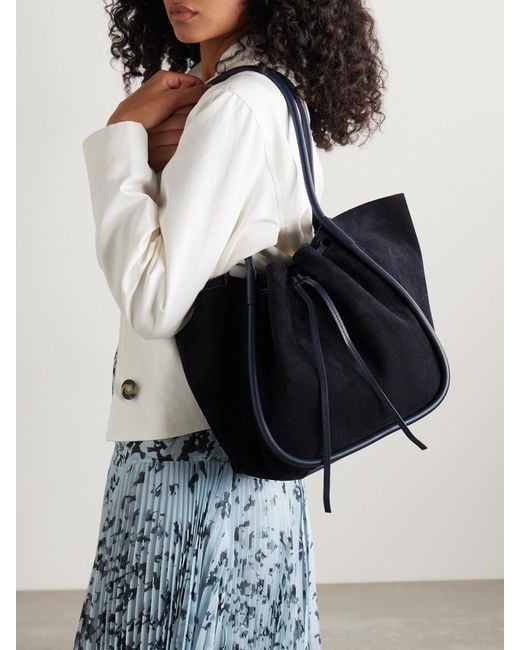 Proenza Schouler Black Large Leather-Trimmed Ruched Suede Tote