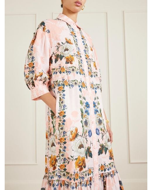 Borgo De Nor Pink Bianca Belted Printed Linen And Cotton-Blend Midi Dress