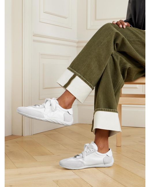 Roger Vivier Natural Viv Low Suede-Trimmed Embroidered Leather Sneakers