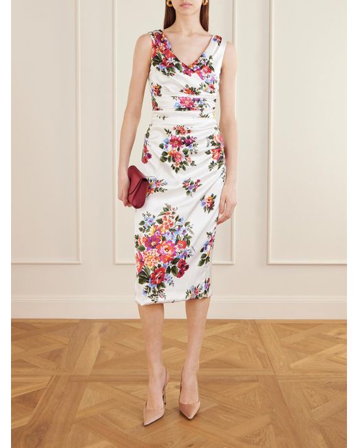 Dolce & Gabbana White Off-The-Shoulder Floral-Print Satin Midi Dress