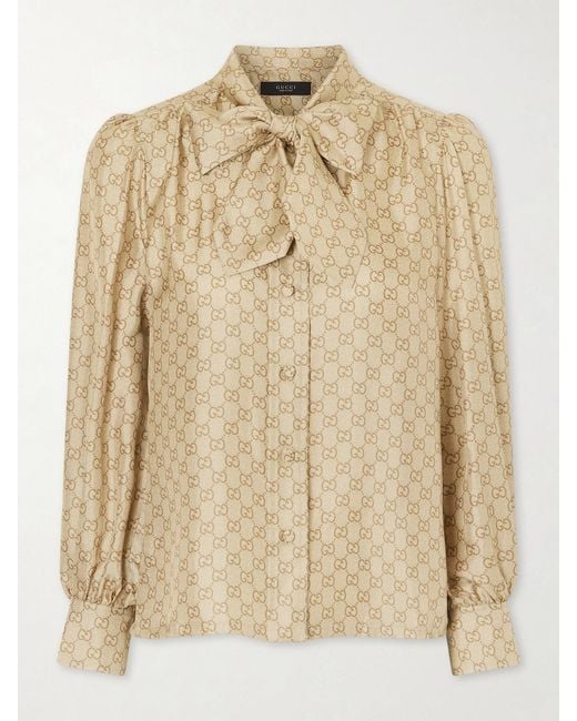 Gucci Natural Gg Supreme Pussy-Bow Silk-Twill Blouse