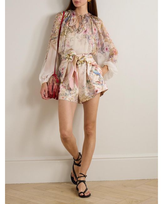Zimmermann Natural Rebellion Tuck Tie-Detailed Printed Silk And Cotton-Blend Shorts