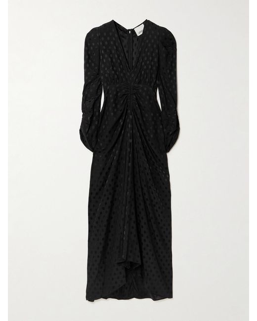 Isabel Marant Black Albini Gathered Polka-Dot Stretch-Silk Jacquard Midi Dress