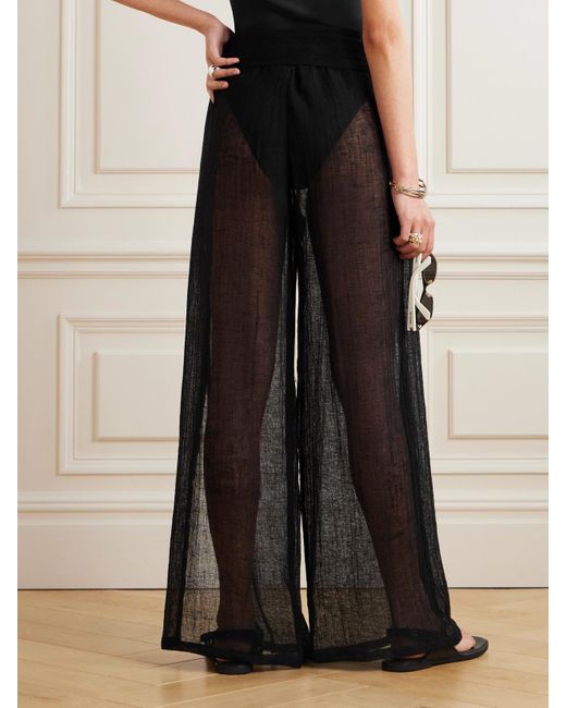 Lisa Marie Fernandez Black Embellished Belted Crinkled Linen-Blend Gauze Wide-Leg Pants