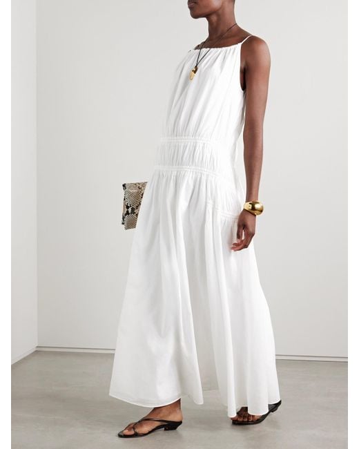 Another Tomorrow White Gathered Tiered Organic Cotton-Poplin Maxi Dress