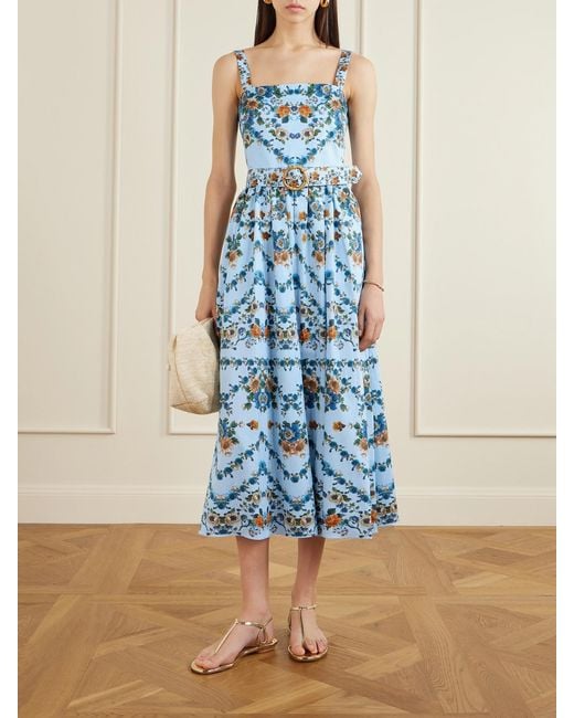 Borgo De Nor Blue Ninet Belted Floral-Print Cotton-Poplin Midi Dress