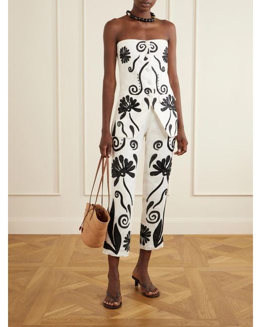 Cala De La Cruz White Sylvie Cropped Sequin-Embellished Printed Linen Tapered Pants