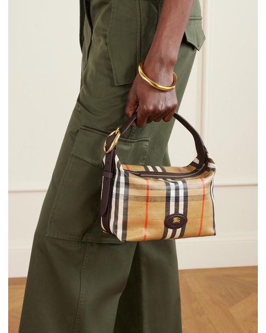 Burberry Black Leather-Trimmed Checked Coated-Canvas Top Handle Bag
