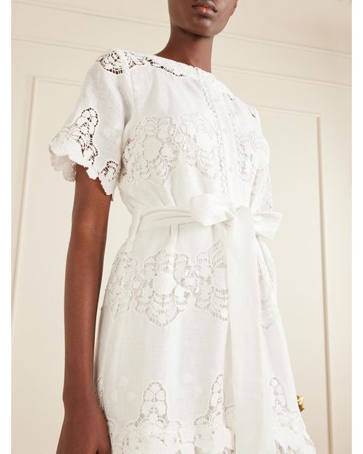 Miguelina White Romilly Belted Embroidered Cotton And Linen-Blend Midi Dress