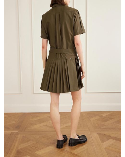 Loewe Green Belted Pleated Cotton-Blend Mini Shirt Dress