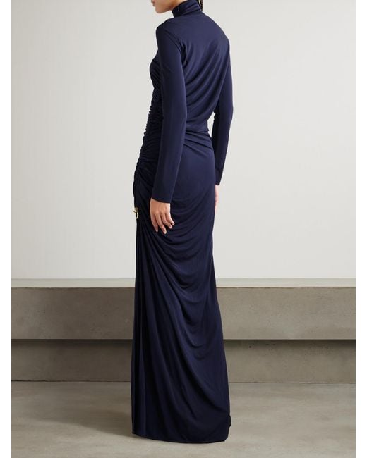 Bottega Veneta Blue Embellished Ruched Jersey Turtleneck Maxi Dress