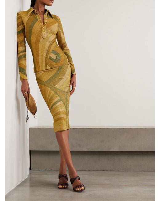 Emilio Pucci Yellow Printed Metallic Jersey Midi Skirt