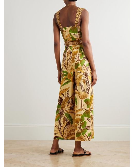 Farm Rio Metallic Belted Shirred Printed Linen-Blend Jumpsuit