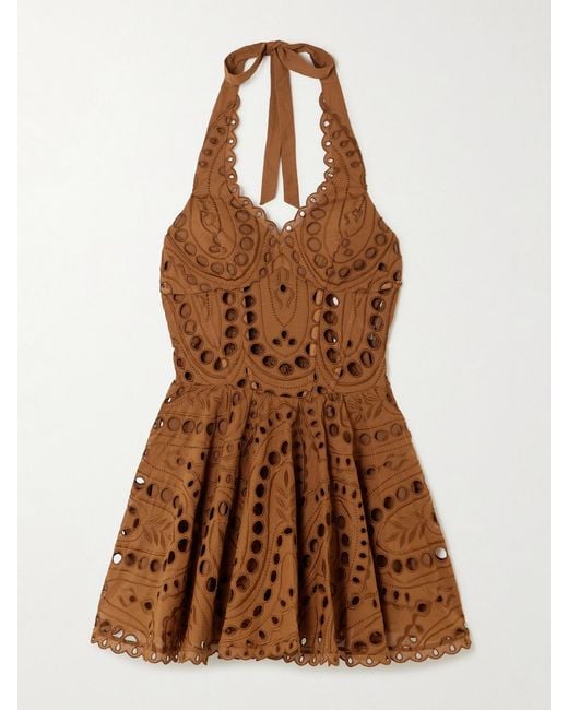 Charo Ruiz Brown Sandlight Broderie Anglaise Cotton-Blend Halterneck Mini Dress