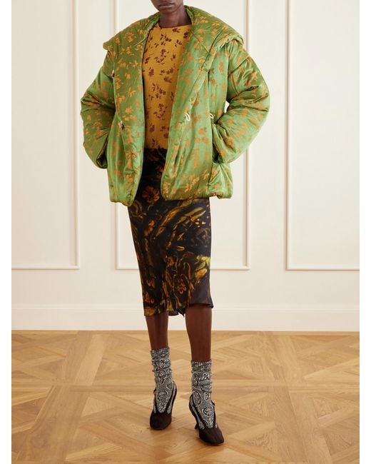 Dries Van Noten Green Hooded Padded Floral-Jacquard Short Jacket