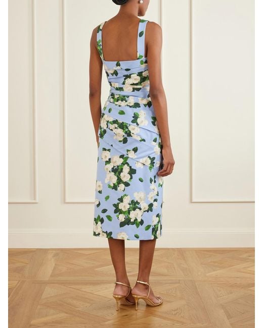 Carolina Herrera Blue Floral-Print Draped Cotton-Blend Faille Midi Dress