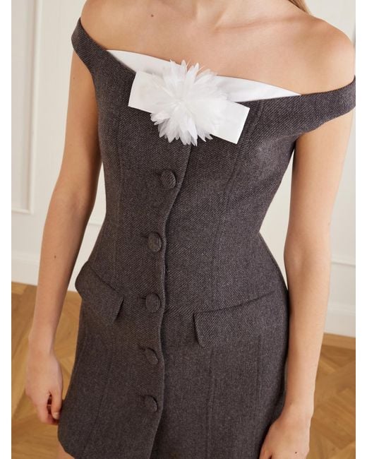 Self-Portrait Black Flower-Appliquéd Wool-Blend Off-The-Shoulder Mini Dress