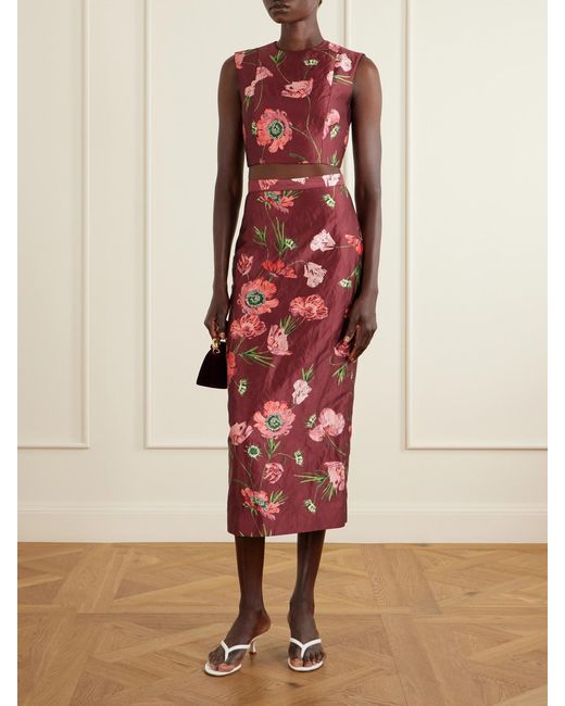 Erdem Red Floral-Printed Satin Midi Pencil Skirt
