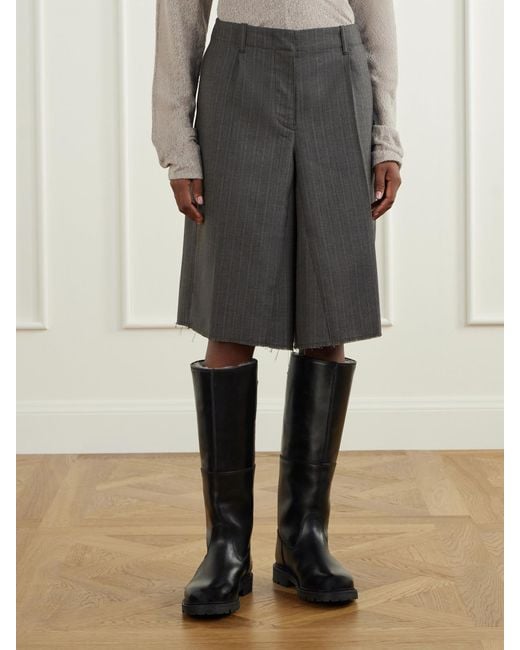 Our Legacy Gray Jumbo Distressed Pleated Striped Cotton And Wool-Blend Shorts