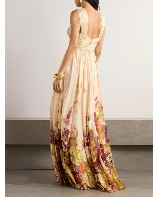 Zuhair Murad White Antique Shard Metallic Printed Silk-Chiffon Gown
