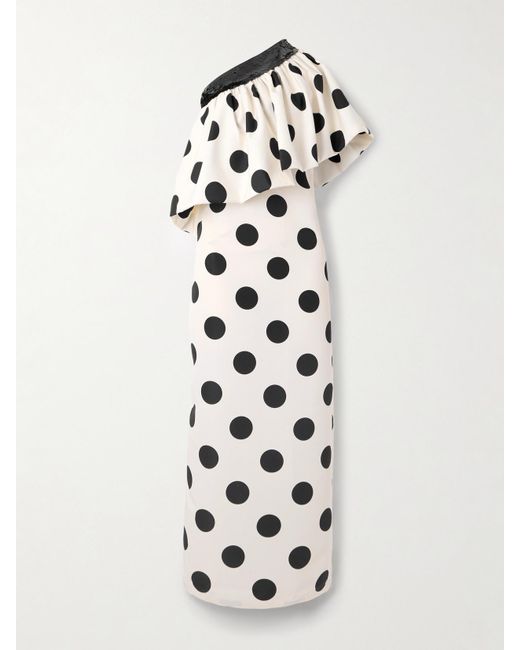 ‎Dima Ayad White One-Shoulder Sequined Polka-Dot Faille Maxi Dress