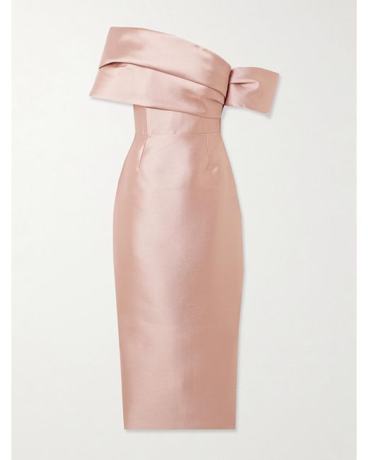Solace London Pink Mirla Off-The-Shoulder Faille Midi Dress