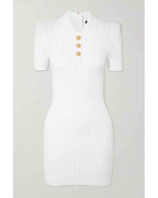 Balmain White Button-embellished Ribbed-knit Mini Dress