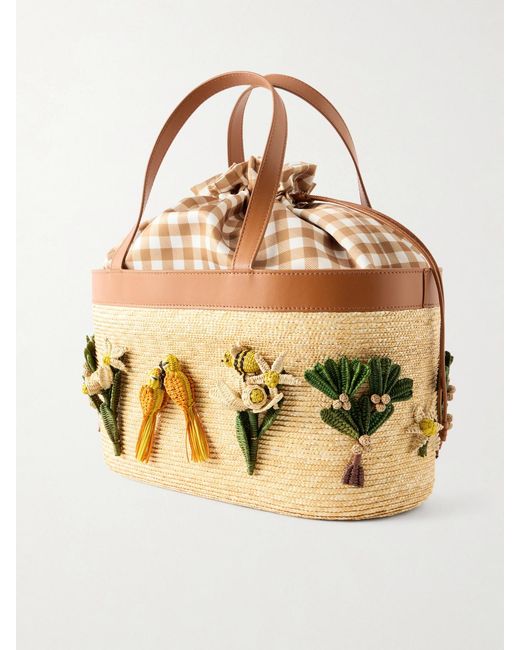 Aquazzura Natural Birdsong Appliquéd Leather-Trimmed Raffia Tote