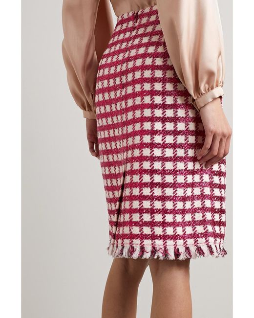 Oscar de la Renta Red Frayed Checked Metallic Wool-Blend Tweed Skirt