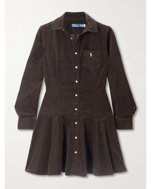 Polo Ralph Lauren Black Embroidered Cotton-Corduroy Mini Shirt Dress