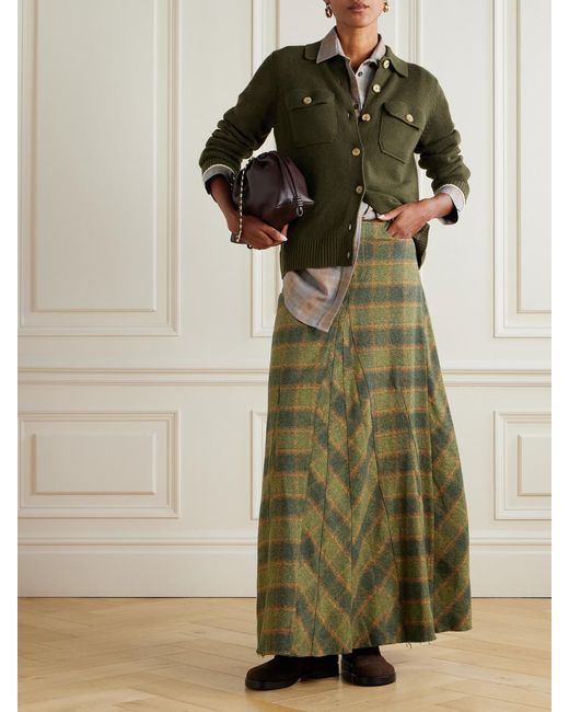Our Legacy Green Rebel Distressed Paneled Checked Cotton-Flannel Midi Skirt