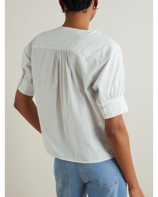 FRAME White Pinstriped Cotton And Linen-Blend Blouse