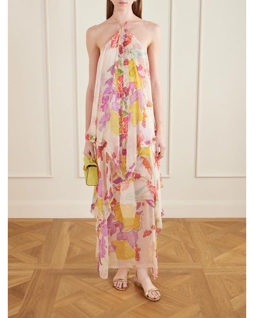 Donde Esteban Pink Flores Ruffled Asymmetric Lace-Trimmed Silk-Chiffon Halterneck Maxi Dress