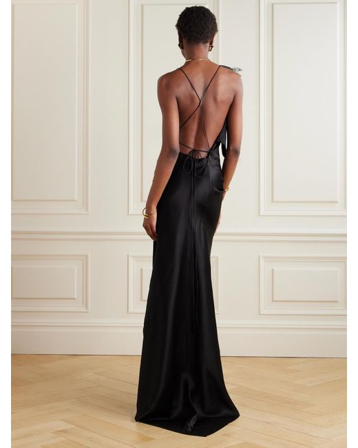 Victoria Beckham Black Asymmetric Draped Sequin-Embellished Lace-Trimmed Satin Gown