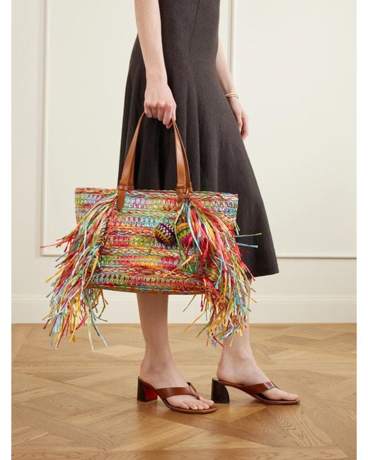 Aquazzura Multicolor Trancoso Fringed Embellished Leather-Trimmed Woven Raffia Tote