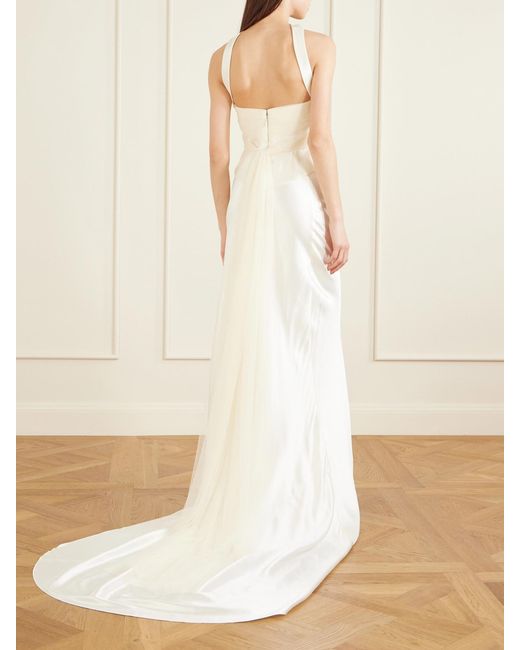 Danielle Frankel White Viola Gathered Draped Tulle-Trimmed Wool And Silk-Blend Twill Top