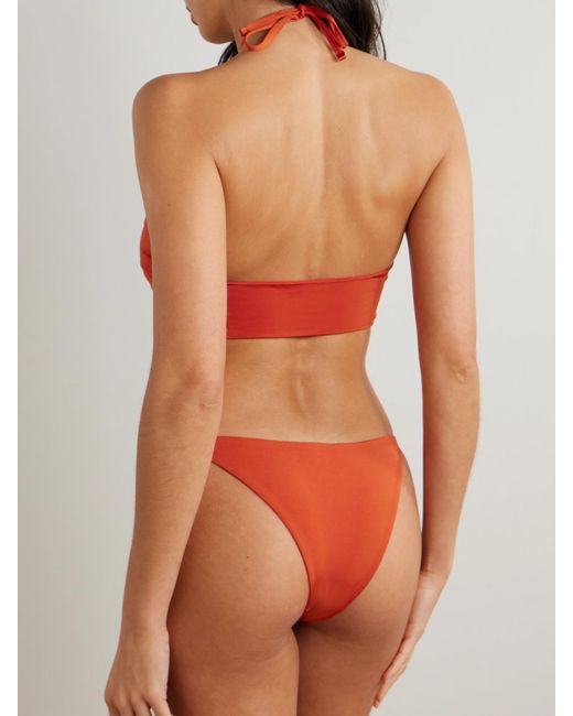 SARA CRISTINA Red Bahia Pearl-Embellished Stretch-Econyl Halterneck Bikini