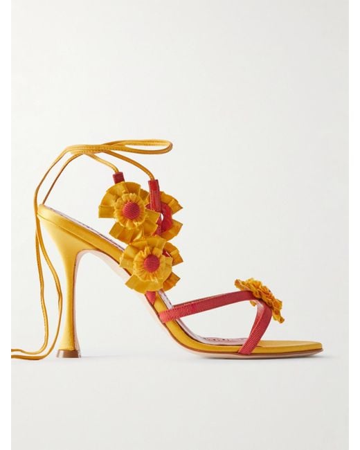 Manolo Blahnik Metallic Palissot 105 Leather-Trimmed Appliquéd Grosgrain And Satin Sandals