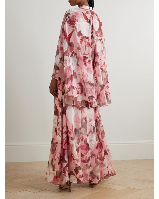 Erdem Pink Robe Aus Seiden-Voile Mit Blumenprint Und Cape-Effekt