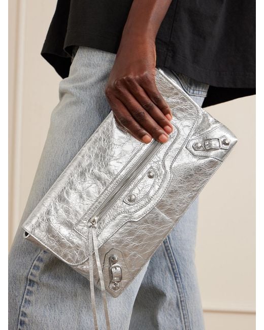 Balenciaga Gray Le City Crinkled-Leather Clutch
