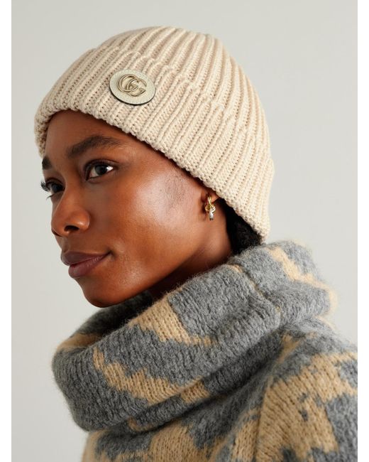 Gucci Natural Victor Appliquéd Ribbed Metallic Wool-Blend Beanie