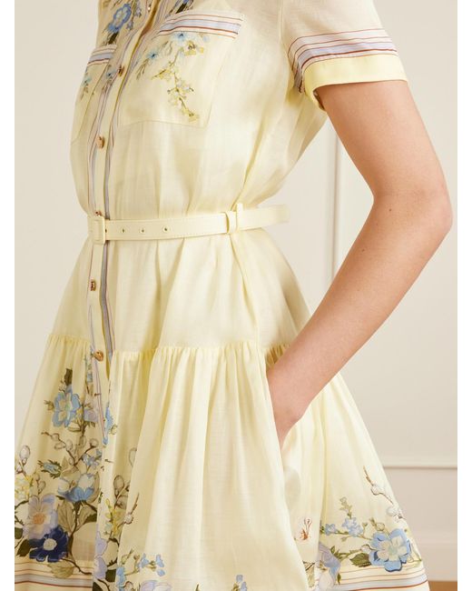 Self-Portrait Metallic Belted Floral-Print Organza Mini Shirt Dress