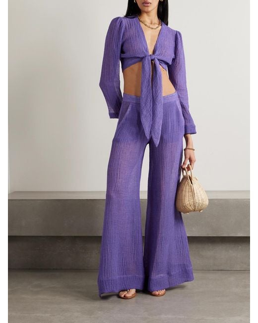 Lisa Marie Fernandez Purple Net Sustain Cropped Tie-Front Linen-Blend Gauze Blouse